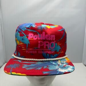 Vtg Poulan Pro Power Equipment Red Floral Hawaiian Rope Hat